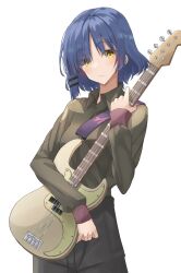Rule 34 | 1girl, black skirt, blue hair, bocchi the rock!, breasts, brown shirt, commentary, expressionless, eyelashes, frown, guitar, hair between eyes, hair ornament, hairclip, head tilt, high-waist skirt, highres, holding, holding instrument, instrument, kanaria hisagi, light blush, long sleeves, mole, mole under eye, shirt, short hair, sidelocks, simple background, skirt, sleeves past wrists, small breasts, solo, thighhighs, white background, yamada ryo, yellow eyes