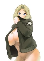 Rule 34 | 1girl, blonde hair, blue eyes, bomber jacket, breasts, commentary request, covering own mouth, cowboy shot, girls und panzer, highres, huge breasts, jacket, kay (girls und panzer), long hair, long sleeves, looking at viewer, naked jacket, nude, open clothes, open jacket, sasaki tatsuya, saunders military uniform, smile, solo, white background