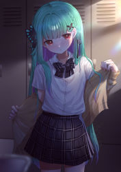 Rule 34 | 1girl, absurdres, black bow, black bowtie, black ribbon, black skirt, blush, bow, bowtie, braid, brown jacket, butterfly hair ornament, closed mouth, colored inner hair, commentary request, cowboy shot, green hair, hair ornament, hair ribbon, highres, hololive, indoors, jacket, locker, locker room, long hair, long sleeves, looking at viewer, makoto (xxgk5833), multicolored hair, off shoulder, open clothes, open jacket, plaid, plaid skirt, purple hair, red eyes, ribbon, school uniform, shirt, short sleeves, skirt, solo, standing, uruha rushia, uruha rushia (school uniform), very long hair, virtual youtuber, white shirt