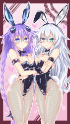 Rule 34 | 2girls, alternate costume, animal ears, areola slip, bare shoulders, black heart (neptunia), black leotard, blue eyes, blush, braid, breast press, breasts, cameltoe, cleavage, commentary, commentary request, detached collar, fake animal ears, fishnet pantyhose, fishnets, hair between eyes, hand on another&#039;s back, heart, highres, kazuneko (wktk1024), large breasts, leotard, long hair, looking at viewer, medium breasts, multiple girls, neptune (neptunia), neptune (series), nipple slip, nipples, noire (neptunia), pantyhose, pink background, playboy bunny, power symbol, power symbol-shaped pupils, purple eyes, purple hair, purple heart (neptunia), rabbit ears, rabbit tail, silver hair, smile, symbol-shaped pupils, symmetrical docking, tail, thighs, twin braids, twintails, very long hair, wrist cuffs