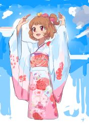 Rule 34 | 10s, 1girl, :d, aikatsu!, aikatsu! (series), animal, animal on head, bird, blush, bow, brown hair, chick, chicken, day, floral print, hair bow, hands up, highres, japanese clothes, kimono, new year, obi, on head, one side up, ozora akari, open mouth, pink bow, red eyes, sash, short hair, side ponytail, sky, smile, solo, zenryoku
