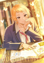 Rule 34 | 1boy, blonde hair, blue jacket, blush, book, brown eyes, bug, butterfly, character name, closed mouth, collarbone, dated, glowing butterfly, hand on own chin, happy, head rest, highres, honda iku, insect, jacket, long sleeves, looking at viewer, male focus, necktie, open book, open collar, red necktie, sakuro, shirt, short hair, tokimeki memorial, tokimeki memorial girl&#039;s side, tokimeki memorial girl&#039;s side 4th heart, white shirt