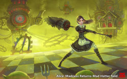 Rule 34 | alice: madness returns, alice (alice in wonderland), alice in wonderland, alice liddell (american mcgee&#039;s alice), american mcgee&#039;s alice, black hair, boots, dress, gloves, green eyes, jewelry, long hair, pantyhose, wallpaper, weapon