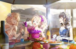 Rule 34 | 3girls, apple juice, blue dress, blue hair, blurry, blurry background, bow, closed eyes, cup, dress, dress bow, dress flower, drinking glass, earrings, elbow gloves, fake food, flower, fork, game cg, gloves, hair bow, hair flower, hair ornament, high side ponytail, highres, hinoshita kaho, holding, holding cup, holding utensil, jewelry, juice, knife, lace, lace-trimmed dress, lace trim, link! like! love live!, long hair, love live!, medium hair, multiple girls, murano sayaka, necklace, official art, one eye closed, open mouth, orange dress, orange hair, orange wrist cuffs, osawa rurino, outdoors, patio umbrella, princess, purple bow, purple dress, purple gloves, shade, sidelocks, single-shoulder dress, sitting, third-party source, tiara, umbrella, wavy hair, white flower, white gloves, white tiara, white umbrella, wine glass, wrist cuffs