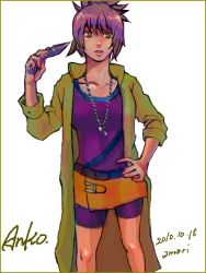 Rule 34 | 1girl, belt, coat, female focus, green eyes, kunai, looking at viewer, mitarashi anko, naruto, naruto (series), purple hair, short ponytail, skirt, solo, weapon