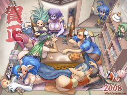 Rule 34 | 00s, 6+girls, ahoge, animal hands, ass, bare shoulders, beer can, bottle, breasts, bun cover, can, capcom, china dress, chinese clothes, chun-li, cleavage, cosine, crossover, cup, curvy, double bun, dress, drink can, drinking, drinking glass, drooling, drunk, fatal fury, felicia (vampire), hachune miku, hair bun, hatsune miku, head wings, highres, huge ahoge, huge ass, izumi konata, kotatsu, large breasts, lei lei, leotard, lucky star, morrigan aensland, multiple girls, pantyhose, pelvic curtain, putin (usavich), ryouko (tenchi muyou!), sake bottle, saliva, shiranui mai, sideboob, sliding doors, snk, spiked hair, street fighter, table, tatami, tenchi muyou!, the king of fighters, thighhighs, thong leotard, usavich, vampire (game), vocaloid, walk-in, wide hips, wings