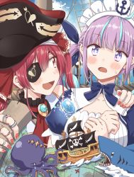 Rule 34 | + +, 2girls, animalization, any (lucky denver mint), blush, commentary, english commentary, eyepatch, fingernails, highres, hololive, houshou marine, looking at another, maid, minato aqua, minato aqua (1st costume), multiple girls, nail polish, octopus, pirate, purple hair, red hair, red nails, shark, umisea, virtual youtuber, wavy mouth