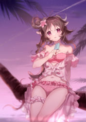 Rule 34 | 1girl, animal ears, arknights, bare shoulders, bikini, breasts, bridal garter, brown hair, chinese commentary, commentary request, eyjafjalla (arknights), eyjafjalla (summer flower) (arknights), flower, food, frilled bikini, frills, hair flower, hair ornament, head tilt, holding, holding food, horns, long hair, looking at viewer, navel, off-shoulder bikini, off shoulder, official alternate costume, outdoors, palm tree, parted lips, pink bikini, pink eyes, pink flower, plaid, plaid bikini, popsicle, purple sky, sheep ears, sheep horns, short sleeves, sitting, sky, small breasts, solo, stomach, swimsuit, thighs, tree, xuehua