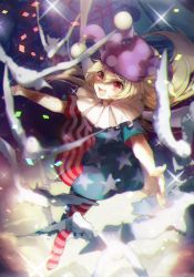 Rule 34 | 1girl, american flag dress, american flag legwear, bird, blonde hair, chromatic aberration, clownpiece, dress, hat, highres, jester cap, long hair, neck ruff, no-kan, open mouth, outstretched arms, pantyhose, polka dot, red eyes, short dress, short sleeves, sketch, smile, solo, touhou