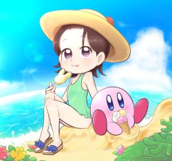 Rule 34 | 1girl, adeleine, beach, blue eyes, blue sky, blush, brown eyes, brown hair, cloud, commentary request, day, eating, flower, food, forehead, hat, ice cream, kirby, kirby (series), lens flare, licking lips, neironyshino, nintendo, ocean, popsicle, sand, sandals, short hair, sky, sparkle, sun hat, swimsuit, tongue, tongue out