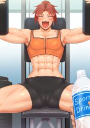 Rule 34 | 1girl, abs, absurdres, bike shorts, blush, breasts, cameltoe, exercising, exercise machine, gym shorts, gym uniform, harurukan, highres, muscular, muscular female, navel, original, paid reward available, red hair, scar, short hair, shorts, small breasts, smile, sportswear, sweat, weights