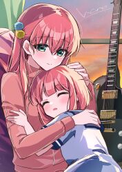 Rule 34 | 2girls, blue sailor collar, blunt bangs, blush, bocchi the rock!, closed eyes, closed mouth, cube hair ornament, gotoh futari, gotoh hitori, green eyes, guitar, hair ornament, hand on another&#039;s back, hand on another&#039;s head, highres, hug, indoors, instrument, jacket, long hair, long sleeves, multiple girls, open mouth, pink hair, pink track suit, sailor collar, school uniform, shirt, short hair, short sleeves, siblings, signature, sleeping, upper body, wano (azayakam), white shirt