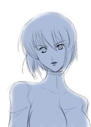 Rule 34 | 00s, 1girl, blue theme, breasts, ghost in the shell, ghost in the shell stand alone complex, kusanagi motoko, monochrome, short hair, simple background, sketch, solo