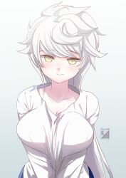Rule 34 | 1girl, alternate costume, alternate hairstyle, breasts, gradient background, grey background, hair down, kantai collection, kimura shiki, large breasts, long hair, looking at viewer, shirt, smile, solo, unryuu (kancolle), upper body, v arms, white background, white hair, white shirt, yellow eyes