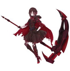 Rule 34 | adapted costume, alternate costume, alternate eye color, boots, cape, corruption, crescent rose, dark persona, full body, gradient hair, hayami ritsu, high heel boots, high heels, highres, multicolored hair, pantyhose, red hair, ruby rose, rwby, scythe, solo, torn cape, torn clothes, torn pantyhose, white background, yellow eyes