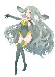 Rule 34 | 10s, 1girl, :d, animal ears, elbow gloves, frilled swimsuit, frills, full body, gloves, green eyes, grey gloves, grey hair, grey one-piece swimsuit, grey thighhighs, hand on own chest, ise (0425), kemono friends, long hair, looking away, mediterranean monk seal (kemono friends), one-piece swimsuit, open mouth, outstretched arm, simple background, smile, solo, standing, swimsuit, tail, thighhighs, very long hair, white background
