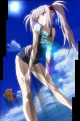 Rule 34 | 00s, bent over, blue eyes, cat, cloud, day, elf, episode6, long hair, official art, one-piece swimsuit, pointy ears, primula, school swimsuit, screencap, shuffle!, silver hair, sky, solo, stitched, sun, swimsuit, third-party edit, twintails, water