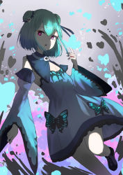 Rule 34 | 1girl, 38 (sanjuuhachi), bare shoulders, black footwear, blue butterfly, blue dress, blue sleeves, bug, butterfly, commentary, detached sleeves, double bun, dress, flat chest, green hair, hair bun, hair ornament, hand up, highres, hololive, insect, long sleeves, looking at viewer, open mouth, purple eyes, short hair, skull hair ornament, sleeveless, sleeveless dress, solo, uruha rushia, uruha rushia (1st costume), virtual youtuber