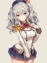Rule 34 | 1girl, beret, blue eyes, blue skirt, breasts, buttons, collared shirt, double-breasted, epaulettes, frilled sleeves, frills, gloves, grey background, grey hair, grey shirt, hat, highres, jacket, kantai collection, kashima (kancolle), long sleeves, looking at viewer, medium breasts, military, military jacket, military uniform, miniskirt, neckerchief, pleated skirt, red neckerchief, shirt, simple background, skirt, smile, solo, twintails, uniform, wavy hair, white gloves, white jacket, yuekuratsu