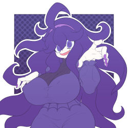 Rule 34 | 1girl, @ @, ahoge, alternate breast size, black hair, blush, breasts, creatures (company), dress, game freak, hairband, hex maniac (pokemon), highres, kaikoinu, large breasts, long hair, looking at viewer, messy hair, nail polish, nintendo, open mouth, pokemon, pokemon xy, purple eyes, purple hairband, smile, solo, spread fingers, very long hair