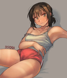 Rule 34 | 1girl, alternate costume, blush, breasts, brown hair, buruma, commentary request, ergot, fubuki (kancolle), grey background, grey tank top, highres, kantai collection, looking at viewer, low ponytail, medium breasts, off shoulder, parted lips, ponytail, red buruma, short ponytail, signature, simple background, solo, sweat, tan, tank top, tanline, yellow eyes