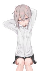 Rule 34 | 1girl, black skirt, breast pocket, buttons, collared shirt, cowlick, dress shirt, flat chest, girls&#039; frontline, grey hair, hair between eyes, hair tie, highres, long sleeves, looking at viewer, m200 (girls&#039; frontline), medium hair, mouth hold, no jacket, no neckwear, origumi, pleated skirt, pocket, purple eyes, shirt, sidelocks, signature, simple background, sitting, skirt, solo, stray hair, tying hair, white background, white shirt
