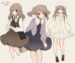 Rule 34 | 1girl, bag, black dress, black footwear, blush, brown dress, brown hair, closed mouth, dress, grey background, hat, ikeuchi tanuma, jacket, leaning forward, long hair, long sleeves, looking at viewer, multiple views, open clothes, open jacket, original, own hands together, pink jacket, red eyes, shoes, shoulder bag, simple background, smile, socks, twintails, twitter username, white dress, white headwear, yellow jacket