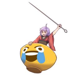 Rule 34 | 1girl, :d, ahoge, arm up, black sash, blush, bowl, commentary, emoji, english commentary, highres, holding, japanese clothes, kimono, long sleeves, looking at viewer, mata (matasoup), meme, needle sword, no headwear, obi, open mouth, purple hair, red eyes, red kimono, sash, short hair, smile, solo, sukuna shinmyoumaru, touhou, transparent background, upper body, v-shaped eyebrows, wide sleeves
