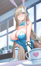 Rule 34 | 1girl, absurdres, animal ears, asuna (blue archive), asuna (bunny) (blue archive), bare shoulders, blue archive, blue eyes, blue leotard, blush, breasts, brown pantyhose, cleavage, cup, detached collar, elbow gloves, fake animal ears, gaosu gong lu, gloves, grin, hair over one eye, highleg, highleg leotard, highres, large breasts, leotard, light brown hair, long hair, looking at viewer, mole, mole on breast, pantyhose, playboy bunny, rabbit ears, smile, solo, teacup, white gloves