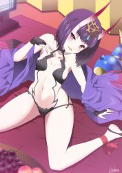 Rule 34 | 1girl, ankle ribbon, apple, artist name, bare shoulders, barefoot, barefoot sandals (jewelry), bob cut, breasts, fate/grand order, fate (series), food, fruit, grapes, highres, horns, leg ribbon, looking at viewer, navel, oni, ookami maito, pale skin, purple eyes, purple hair, ribbon, short hair, shuten douji (fate), shuten douji (first ascension) (fate), sitting, skin-covered horns, small breasts, solo