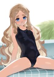 Rule 34 | 1girl, 2l (2lsize), arm support, blonde hair, blue eyes, braid, breasts, eyelashes, glasses, highres, lily (2l), long hair, one-piece swimsuit, original, poolside, small breasts, spread legs, swimsuit, thick eyebrows, wavy hair