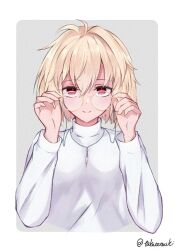 1girl arcueid_brunestud artist_name blonde_hair border closed_mouth commentary_request dot_nose glasses grey_background highres jewelry looking_at_viewer necklace outside_border red_eyes round_eyewear short_hair simple_background smile solo straight-on sweater taketsuki_217 tsukihime turtleneck turtleneck_sweater upper_body white_border white_sweater