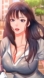 Rule 34 | 1girl, black hair, blue eyes, blush, breasts on another&#039;s back, long hair, sowon (unlock her heart), unlock her heart