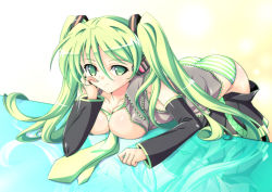 Rule 34 | 1girl, between breasts, breasts, cleavage, clothes pull, detached sleeves, green eyes, green hair, hatsune miku, head rest, highres, ka2, long hair, matching hair/eyes, necktie, panties, reflection, skirt, skirt pull, smile, solo, striped clothes, striped panties, twintails, underwear, vocaloid