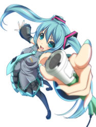 Rule 34 | 1girl, aqua eyes, aqua hair, colorized, detached sleeves, foreshortening, hatsune miku, long hair, nail polish, necktie, noumin, open mouth, pointing, simple background, skirt, solo, thighhighs, toron (mino106), twintails, very long hair, vocaloid, white background