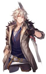 Rule 34 | 1boy, achan (blue semi), black gloves, black vest, blue shirt, closed mouth, coat, collarbone, cowboy shot, cropped legs, crow armbrust, eiyuu densetsu, gloves, grey coat, grey hair, hair between eyes, hand in pocket, highres, holding, holding weapon, jewelry, long sleeves, looking at viewer, male focus, open clothes, open coat, pants, pendant, red eyes, sen no kiseki, shirt, short hair, smile, solo, standing, transparent background, vest, weapon