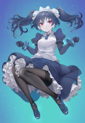 Rule 34 | 1girl, absurdres, black pantyhose, blue background, blue dress, blue footwear, blue neckwear, blue theme, blush, closed mouth, dress, frilled dress, frills, glowing, grey hair, hair between eyes, highres, long hair, looking at viewer, maid, maid headdress, original, pantyhose, puffy sleeves, red eyes, sharekoube, smile, solo, twintails