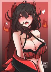 Rule 34 | 1girl, absurdres, artist name, black hair, black jacket, blush, bra, breasts, cleavage, clothing request, commentary, copyright request, ears visible through hair, english commentary, female focus, fire, heart, heart-shaped pupils, highres, horns, jacket, large breasts, long hair, looking at viewer, mikuneki, open mouth, pink background, red background, red bra, red eyes, red horns, red jacket, saliva, signature, simple background, solo, symbol-shaped pupils, teeth, tongue, underwear, upper body
