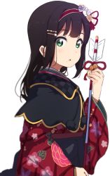 Rule 34 | 1girl, arrow (projectile), bad id, bad pixiv id, bell, black hair, capelet, flower, green eyes, hair flower, hair ornament, hairband, hairpin, hamaya, highres, holding, holding arrow, icehotmilktea, japanese clothes, jingle bell, kimono, kurosawa dia, long hair, long sleeves, looking at viewer, love live!, love live! school idol festival, love live! sunshine!!, mole, mole under mouth, new year, obi, open mouth, sash, simple background, solo, upper body, white background, wide sleeves
