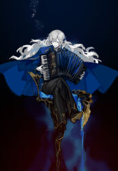 Rule 34 | 1boy, accordion, argalia (project moon), black footwear, black pants, blue jacket, chair, closed eyes, closed mouth, floating hair, gloves, gold trim, hair ornament, instrument, jacket, library of ruina, long hair, long sleeves, male focus, music, nishikujic, pale skin, pants, playing instrument, project moon, shoes, sitting, smile, solo, star (sky), very long hair, water, white gloves, white hair
