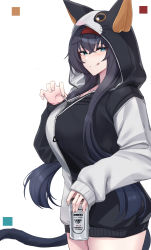Rule 34 | 1girl, :q, absurdres, animal hood, aqua eyes, arknights, black hair, blaze (arknights), blue eyes, breasts, cat hood, cat tail, commentary, cowboy shot, english commentary, hairband, highres, holding, hood, jacket, kanta (kanta 077), large breasts, long hair, looking at viewer, multicolored clothes, multicolored jacket, official alternate costume, red hairband, solo, standing, tail, tongue, tongue out, two-tone jacket, very long hair