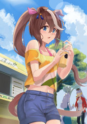 Rule 34 | 3girls, absurdres, bare shoulders, black pants, blue dress, blue eyes, blue shorts, blue sky, blush, brown hair, character request, cloud, collarbone, commentary request, cowboy shot, day, dress, gold ship (umamusume), hair between eyes, hair ribbon, highres, horse girl, jacket, long sleeves, mejiro mcqueen (umamusume), midriff, multiple girls, navel, nida keita, off-shoulder shirt, off shoulder, open clothes, open jacket, outdoors, pants, ponytail, red jacket, ribbon, shirt, short sleeves, shorts, sky, standing, striped clothes, striped shirt, tail, tokai teio (umamusume), tree, umamusume, white hair, white shirt, yellow shirt