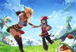 Rule 34 | 2girls, animal, animal ears, aqua eyes, arm up, armpits, bandages, bandaged arm, bandages, bikini, bikini top only, blonde hair, blue hair, blue sky, cat ears, cat tail, cloud, crop top, day, facial mark, fang, final fantasy, final fantasy xiv, floating island, foreshortening, hat, highres, leaning forward, long hair, miqo&#039;te, monk (final fantasy), multiple girls, natsumoka, open mouth, outdoors, purple eyes, sandals, short shorts, shorts, sky, slit pupils, sweatdrop, swimsuit, tail, tattoo, thighhighs, tree