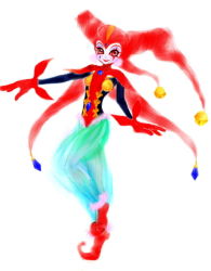 Rule 34 | 1girl, blush, bodysuit, chrono (series), chrono cross, facepaint, full body, harle (chrono cross), harlequin, hat, jester, jester cap, leotard, looking at viewer, makeup, pants, pom pom (clothes), red eyes, red leotard, see-through, simple background, solo, standing, tassel, teardrop tattoo, white background, yuuki nobuteru