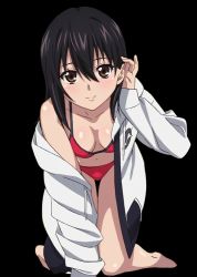 Rule 34 | 10s, 1girl, all fours, barefoot, bikini, black hair, borrowed clothes, breasts, brown eyes, cleavage, collarbone, hand in own hair, himeragi yukina, jacket, long hair, looking at viewer, navel, open clothes, open jacket, red bikini, shiny skin, small breasts, smile, solo, strike the blood, swimsuit, transparent background, white jacket
