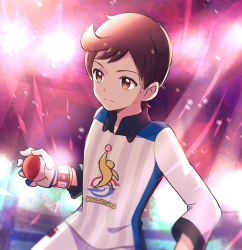 Rule 34 | 1boy, blurry, brown eyes, brown hair, closed mouth, collared shirt, commentary request, creatures (company), dynamax band, game freak, gloves, gym challenge uniform, haru (haruxxe), highres, holding, holding poke ball, light, male focus, nintendo, poke ball, poke ball (basic), pokemon, pokemon swsh, shirt, short hair, shorts, solo, split mouth, victor (pokemon), white shirt, white shorts