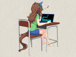Rule 34 | 1girl, alternate costume, barefoot, blue shorts, bow, brown hair, chair, computer, desk, ear covers, from behind, green shirt, grey background, hair bow, highres, horse girl, horse tail, king halo (umamusume), laptop, long hair, musical note, scary maze game, school chair, school desk, shirt, shorts, simple background, sitting, solo, t-shirt, tail, umamusume, zenbrush2