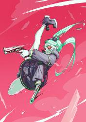 Rule 34 | 1girl, absurdres, artificial eye, colored sclera, colored skin, cyberpunk (series), cyberpunk edgerunners, dual wielding, full body, green hair, grin, gun, highres, holding, midair, outstretched arms, rebecca (cyberpunk), red background, red sclera, samurai jacket (cyberpunk), shoes, simple background, smile, solo, weapon, yazato ichimushi