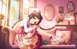 Rule 34 | 1boy, brown hair, couch, dress, game cg, idolmaster, idolmaster cinderella girls, idolmaster cinderella girls starlight stage, lamp, muramatsu sakura, official art, painting (object), pink eyes, sandals, sitting, stained glass, vase