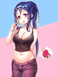 Rule 34 | 10s, 1girl, absurdres, arm behind back, bikini, bikini top only, blue hair, breasts, cleavage, cowboy shot, crop top, denim, hairband, hand in own hair, highres, jeans, joptr06, long hair, looking at viewer, love live!, love live! sunshine!!, matsuura kanan, midriff, navel, open mouth, outline, pants, ponytail, purple eyes, see-through, solo, swimsuit, tank top, valentine, white outline